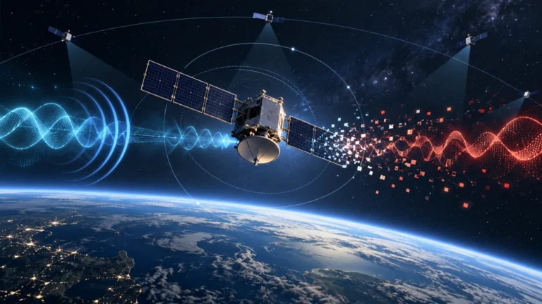 地球軌道上の衛星の周囲で電子信号が干渉し、散乱する概念図
