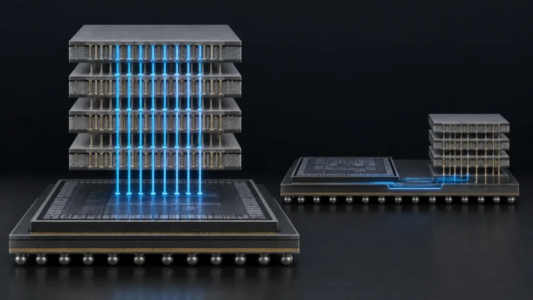 HBMをAIアクセラレータの上に直接積層し、TSVによる垂直接続を示す半導体構造の図