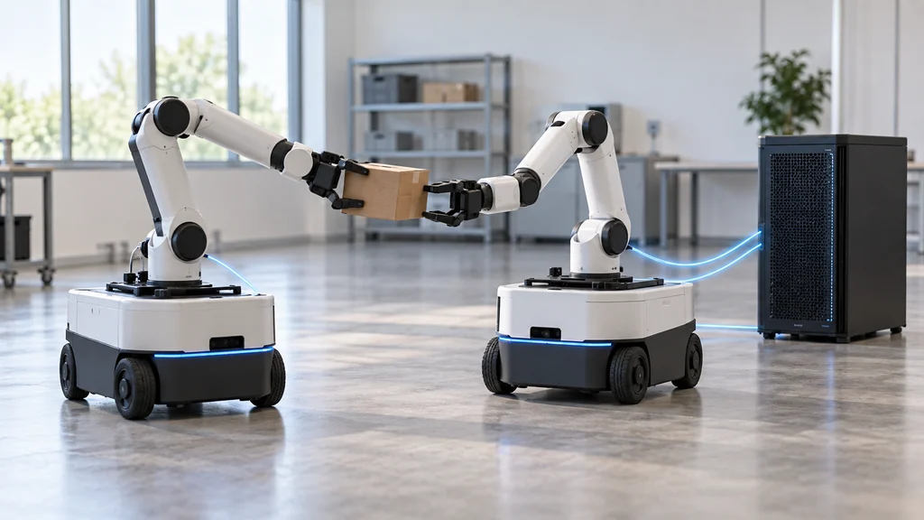 2台の移動ロボットが外部GPU計算機と接続し、アーム間で箱を受け渡す様子