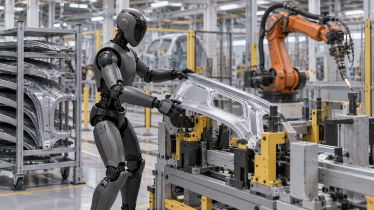 BMWの組立ラインで板金部品を溶接治具へ置く人型ロボット